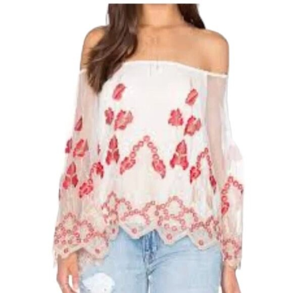 Alice + Olivia Priya Off Shoulder Silk Embroidered Tulle Blouse Size Small